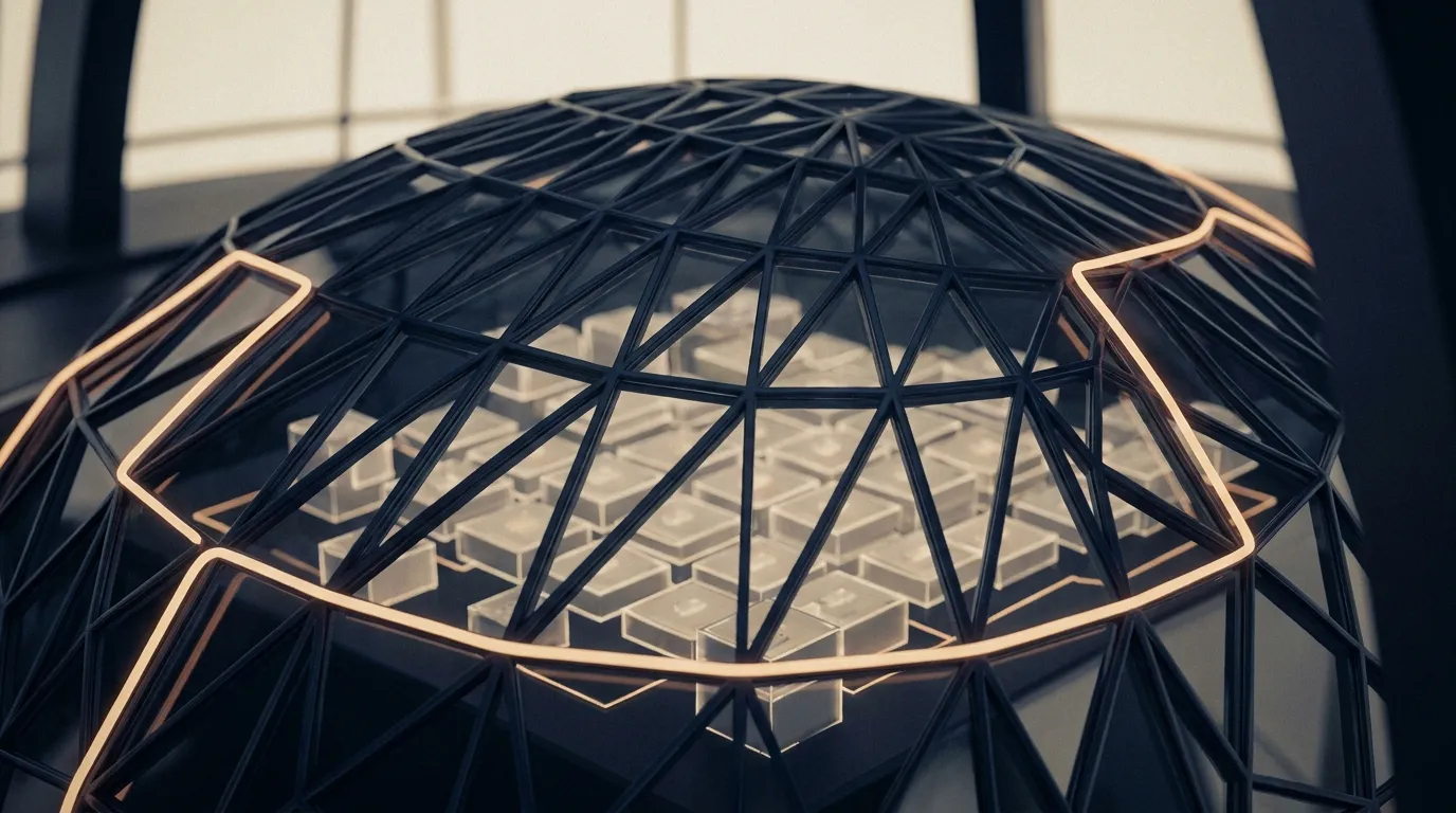 Protective lattice dome enclosing an orderly grid of glowing data blocks.