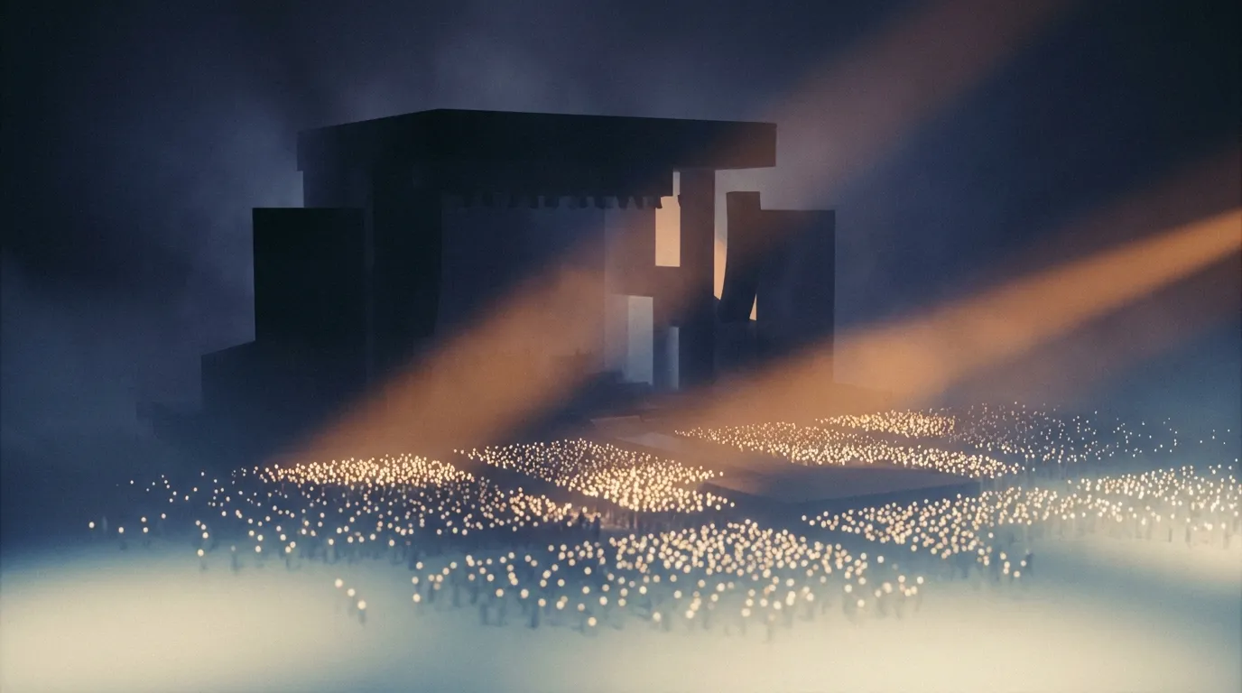 Dark stage with an audience abstracted into thousands of points of light.