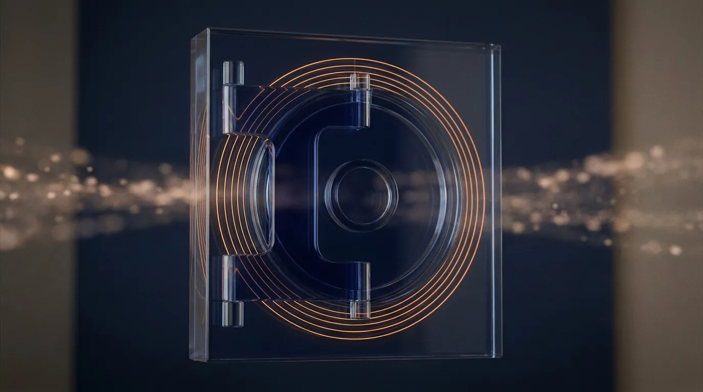 Glass vault traced by concentric orange rings with data streams in equilibrium.