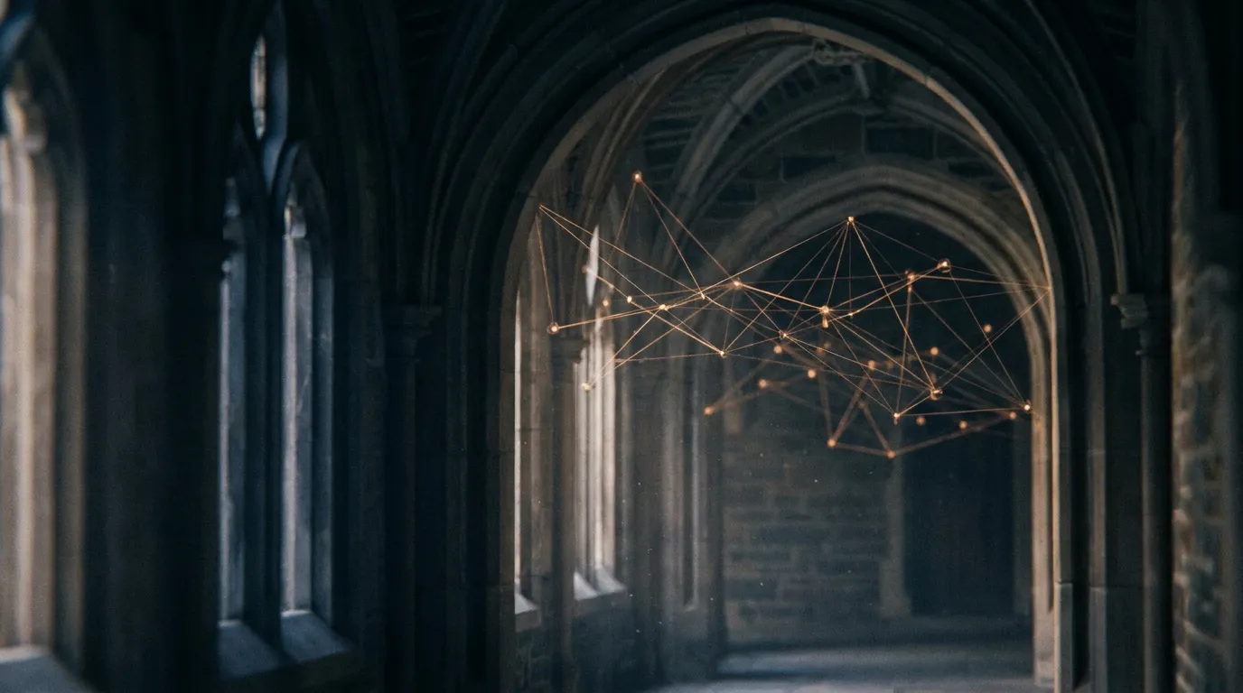 Gothic university arches with a glowing constellation of connected data points.